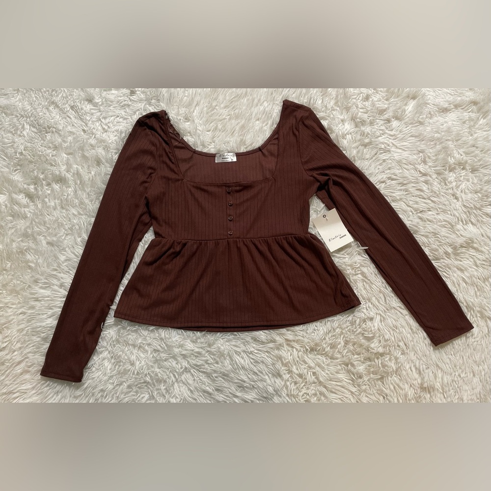 NEW Y2K Style Babydoll Henley Ribbed Elena Bella Swan Fairy Brown Peplum Top M